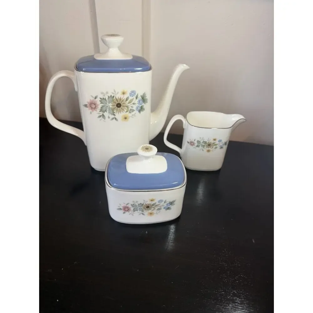 Royal Doulton Pastorale Tea Set of Teapot Creamer and Sugar Bowl with LId